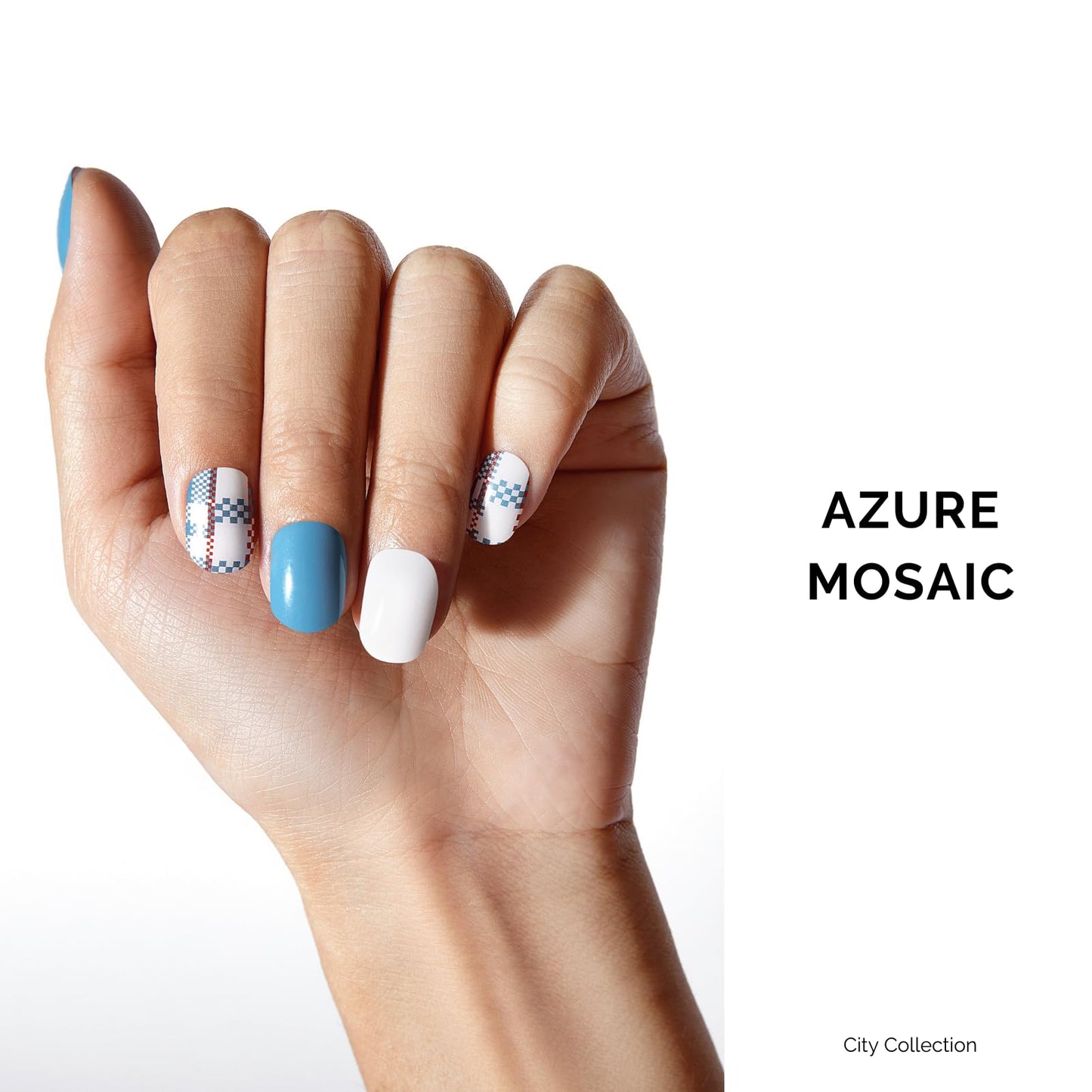 Semi Cured Gel Nail Strips - NAILOG 34 Pcs Gel Nail Stickers Buy 2 Get 1 UV Light | Long Lasting Nail Wraps with Glossy Gel Finish Blue, Azure Mosaic