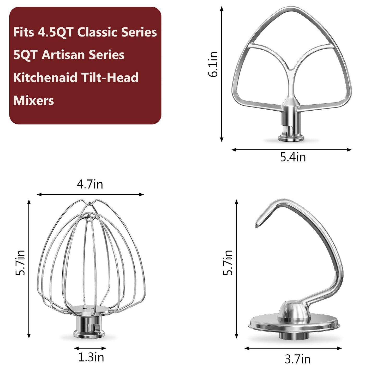 LETOMS Stainless Steel Attachments 3 Pieces for KitchenAid 4.5-5QT Tilt-Head Stand Mixer and Mixing Bowl,K45WW Wire Whip, K45DH Dough Hook, K45B Flat Beater,Dishwasher Safe and Heavy Duty