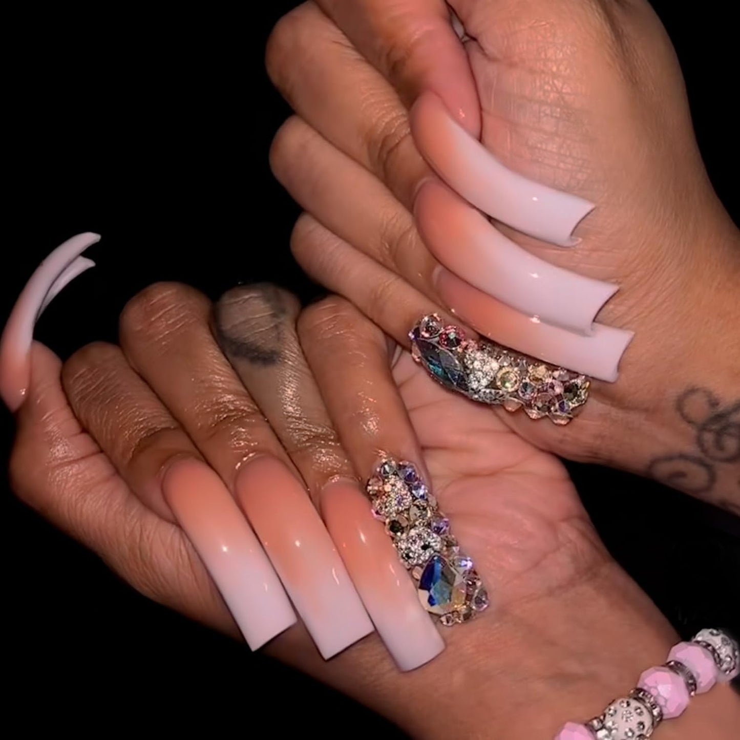Curved Nail Tips Press on Nails with 3D Handmade Rhinestones Designs Long Curved Press on Nails Extra Long Square Curved Nails Full Cover Pink White Gradient False Nails for Women Nail Art