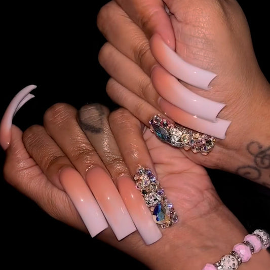 Curved Nail Tips Press on Nails with 3D Handmade Rhinestones Designs Long Curved Press on Nails Extra Long Square Curved Nails Full Cover Pink White Gradient False Nails for Women Nail Art