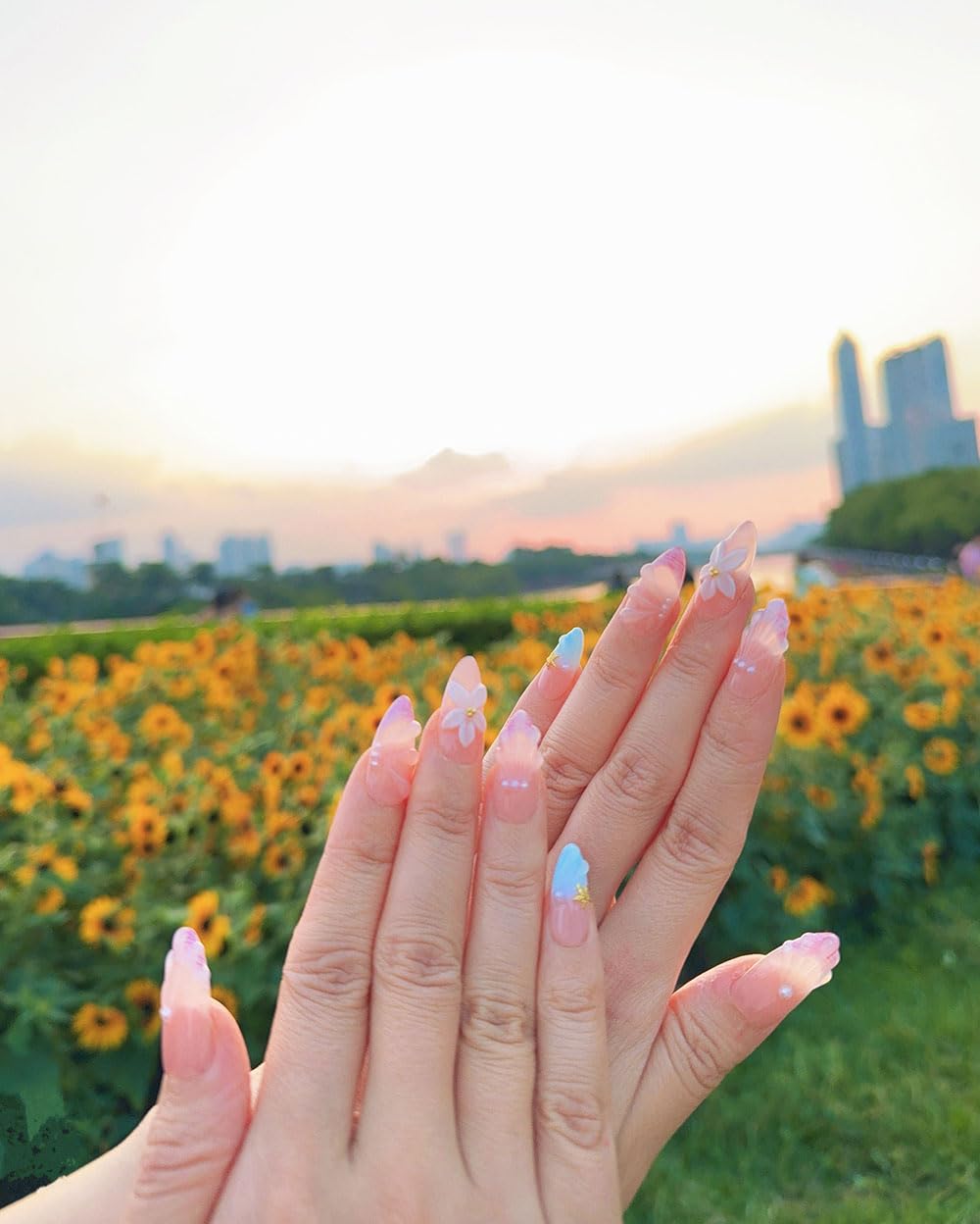 10Pcs Medium Almond Handmade Press On Nails | Easy Apply & Remove, Reusable Salon Quality Nails | Sheer Nude Beach Themed Fake Nails with 3D Seashell & Floral Accents (A022, M)