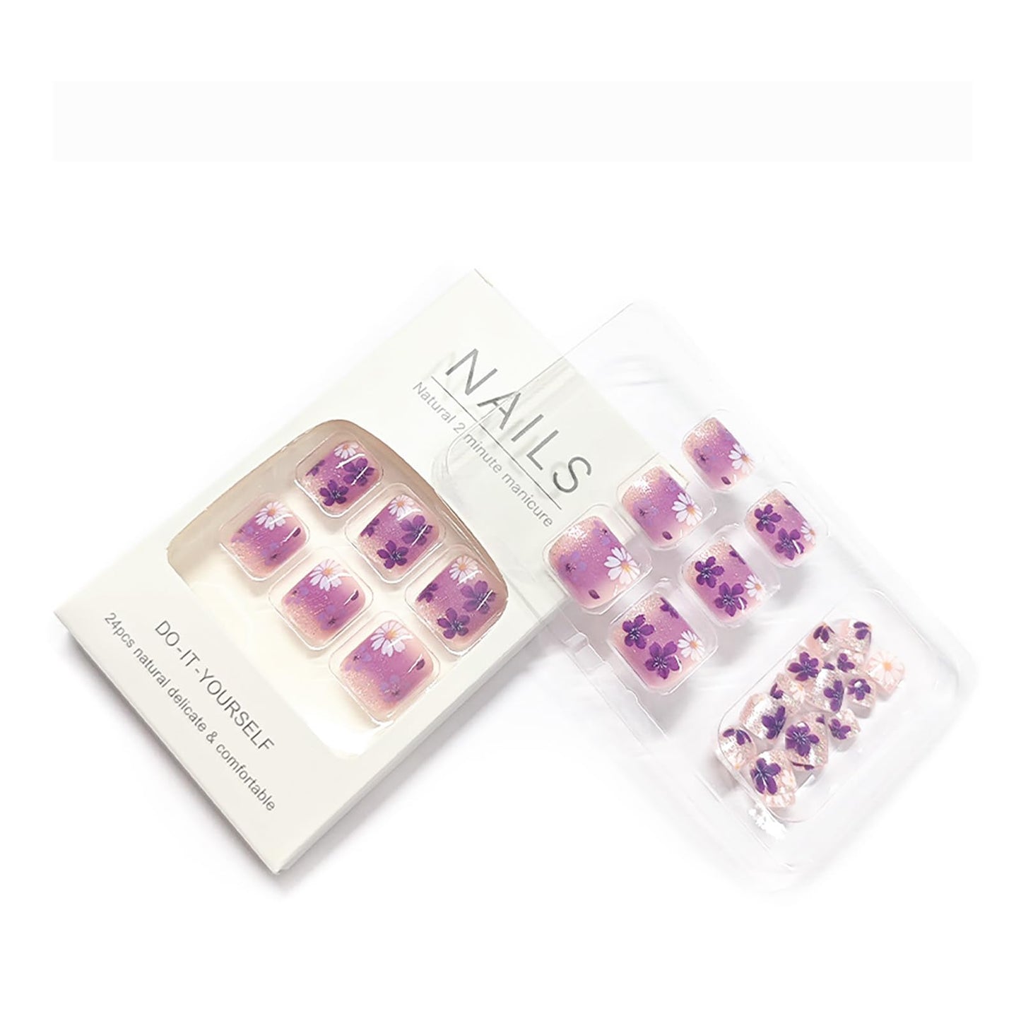 Purple French Press on Toenails,Short Square Fake Toenails with Flower Acrylic Designs,Gradient Glitter Toenails Full Cover Reusable Glossy Stick on Toes Nails for Women Girls 24Pcs