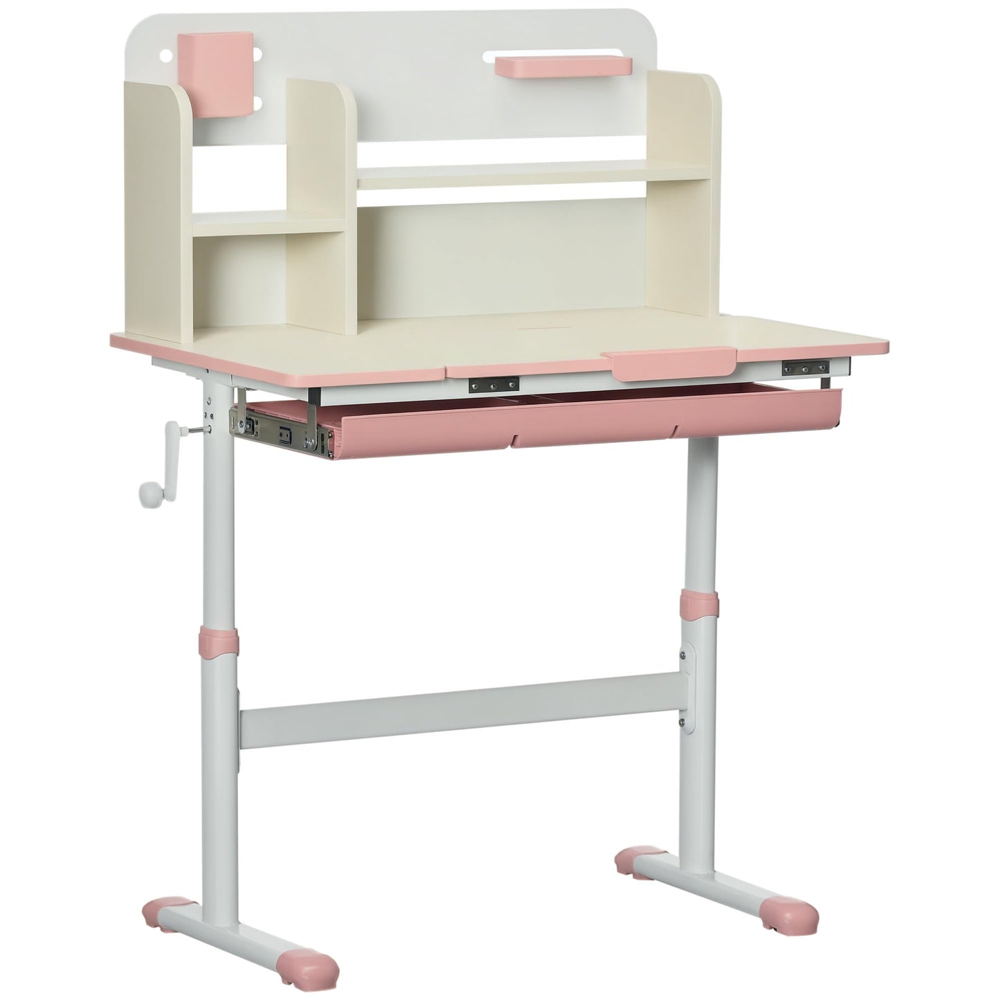 Qaba Wooden Kids Study Desk, Height Adjustable Children School Study Table, Student Writing Desk with Tilt Desktop, Drawer, Storage Shelf, Pen Holder, Pink