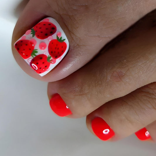 Red Press on Toenails Short Square Stick on Toenails with Strawberry Design 3D Pink Dots Fake Toe Nails Glossy Summer False Toenail Cute Spring Glue on Toenail for Women Girls Manicure 24Pcs