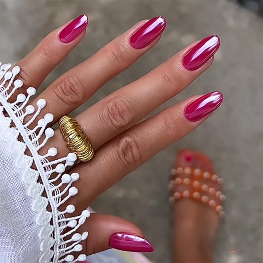 Hot Pink Press on Nails Medium Almond Fake Nails Chrome Nails Press ons with Design Reusable Artificial Nail Full Cover Glue on Nail Stick on Nails for Women Manicure 24Pcs