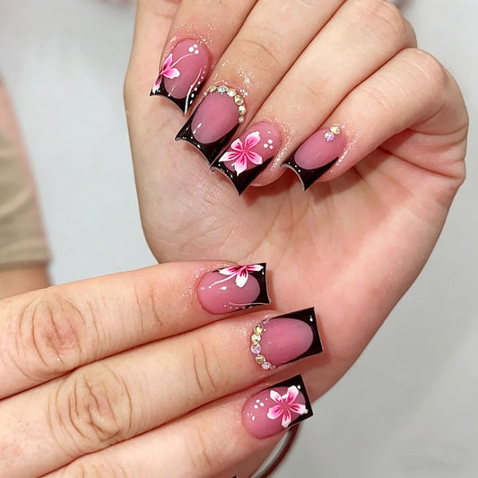 Square Press on Nails Medium, Black French Tip Fake Nails with 3D Rhinestone & Flower Design Glossy Nude False Nails Press ons Full Cover Glue on Nail for Women Nail Art Decoration 24Pcs