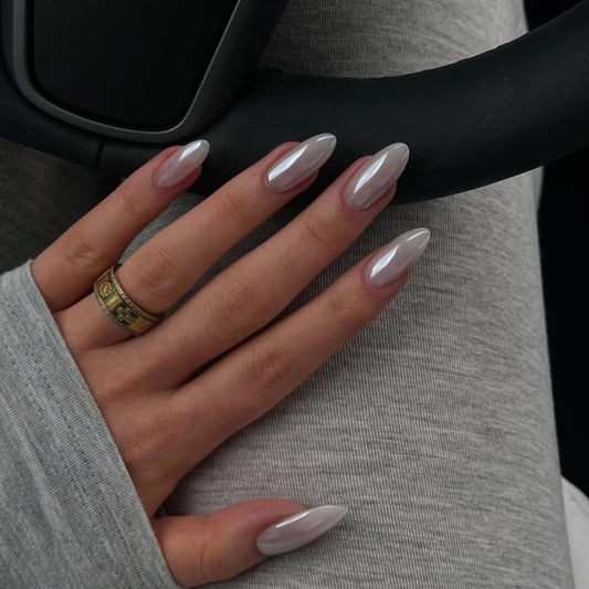 Medium Press on Nails Almond - Chrome White Fake Nails - Solid Color Full Cover Stick on False Nail - for Women 24 Pcs