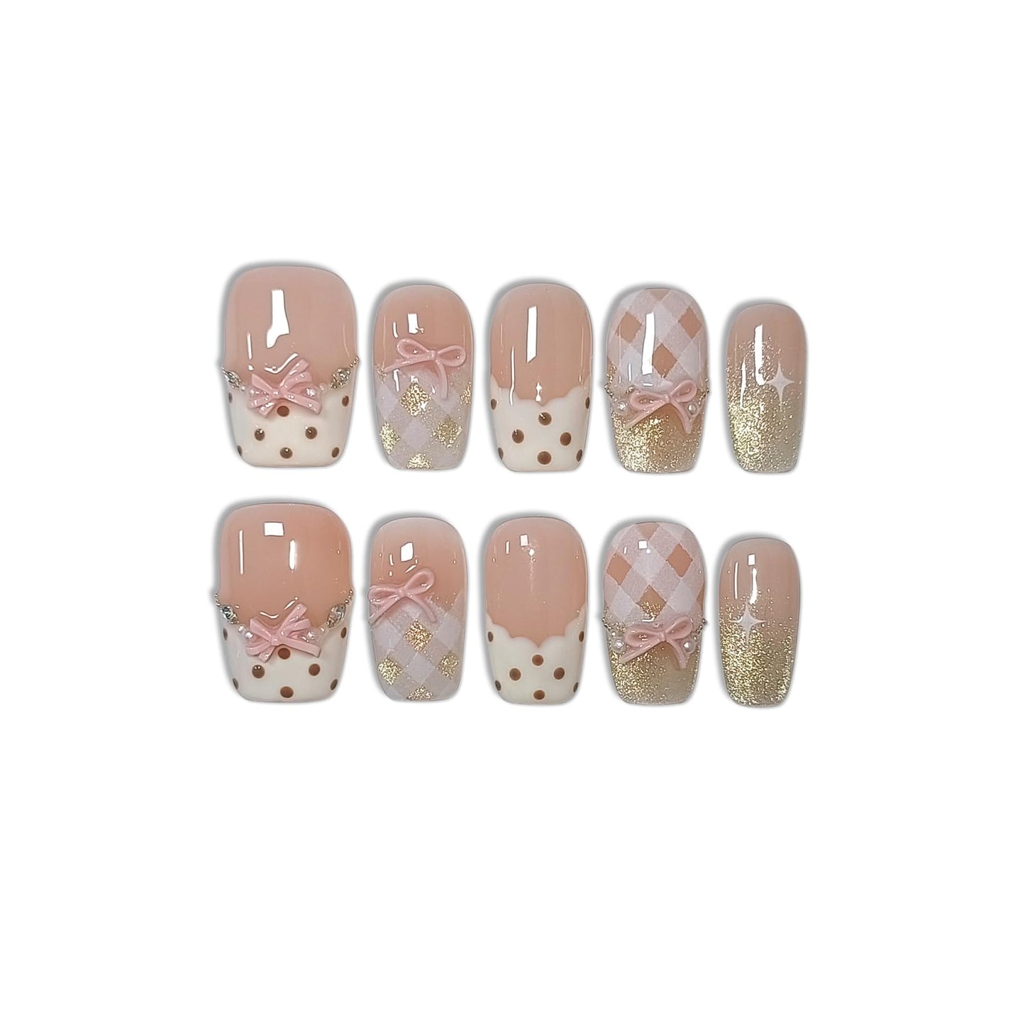 TENPAL 10Pcs Y2K Short Medium Coffin Press On Nails With Tools Kit,Light Pink Cat Eye French Fake Nails with Dot Bow Plaid Pattern,K-Beauty Acrylic Glue on Nails for Wedding Party Daily Wear(S)