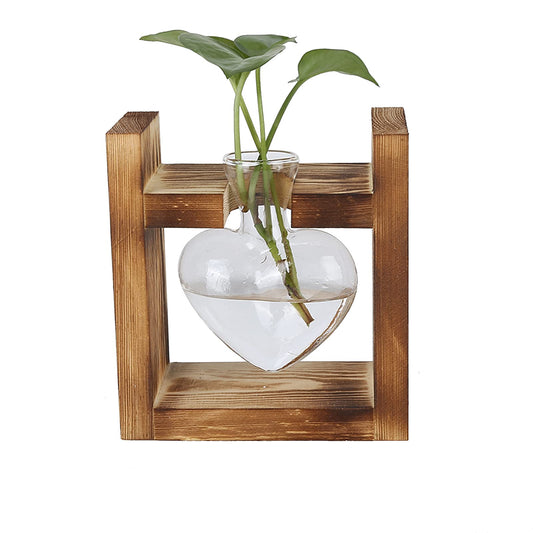 RXMORI Heart Shape Bulb Vase with Vintage Wooden Stand,Clear Glass Vase for Flowers,Decorative Hydroponic Test Tube Vase for Living Room(Retro Box + 1 Heart Bottle)