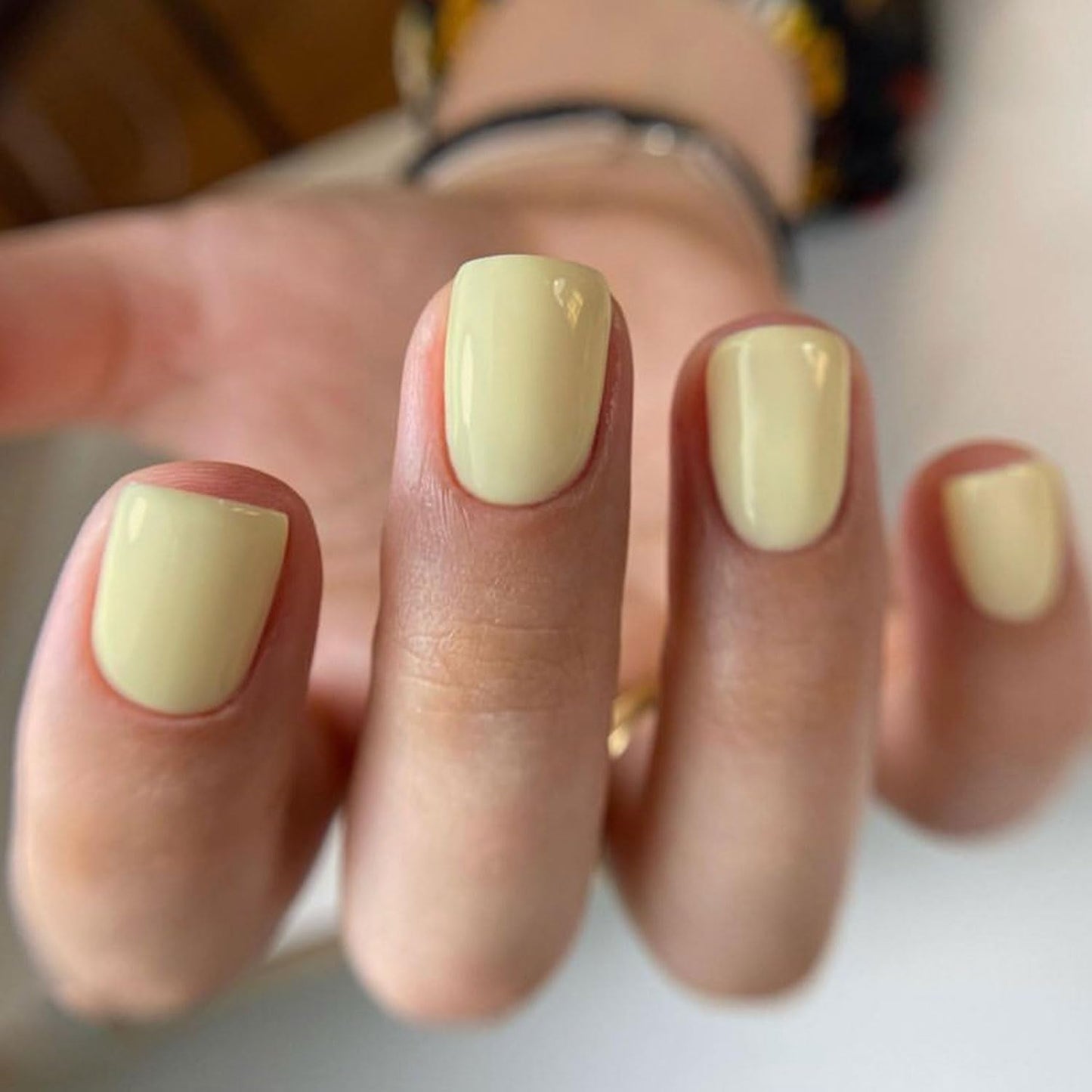 Press on Nails Short Square Fake Nails Yellow Nails Press Ons Solid Color Acrylic False Nails Glossy Full Cover Glue on Nails Yellow Reusable Stick on Nails for Women 24Pcs
