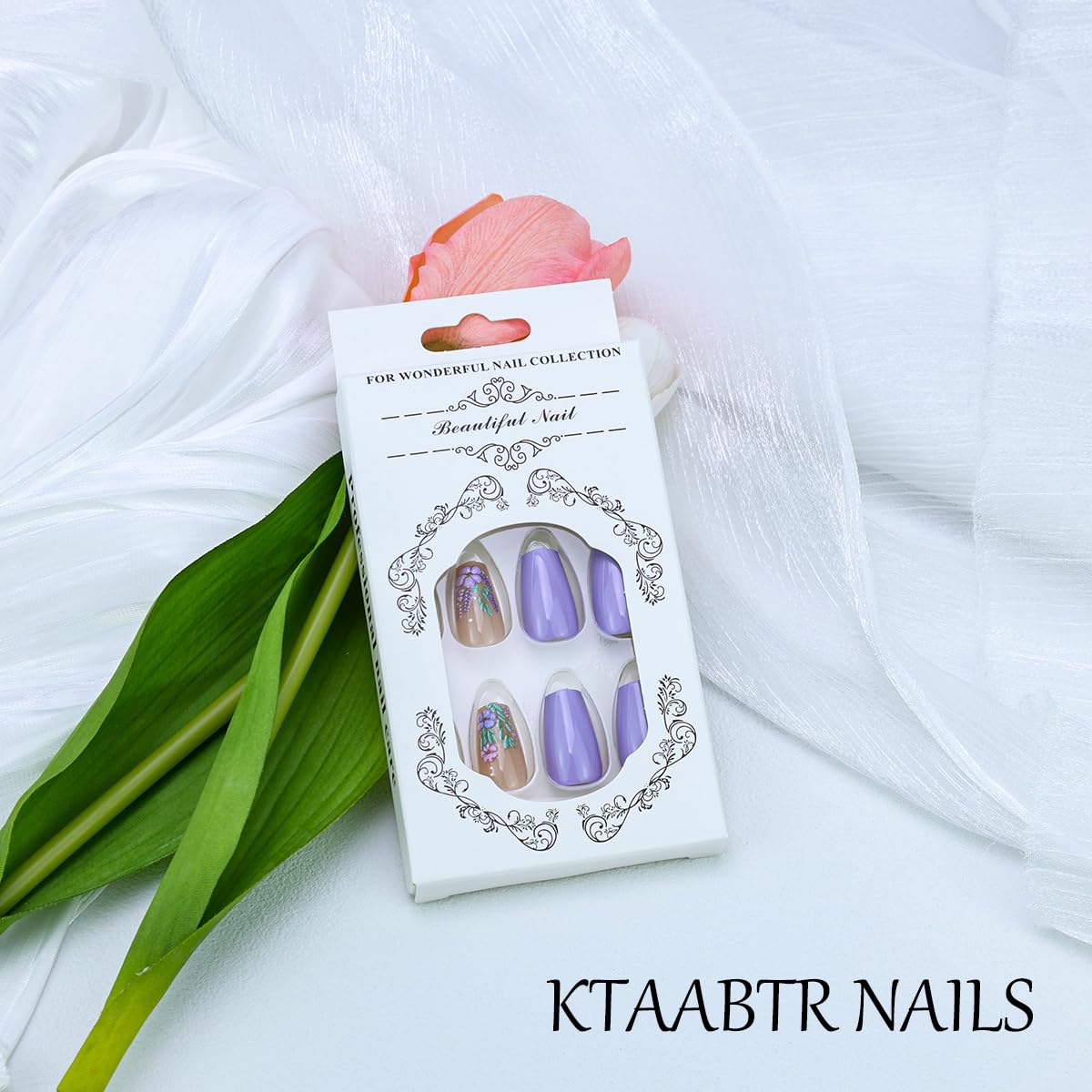 3D Flower Press on Nails Medium Square Shape Nude False Nails with Pink Purple Floral Design Coffin Fake Nails Full Cover Glossy Acrylic Nails for Women Decoration 24PCS Reusable Artificial Nails