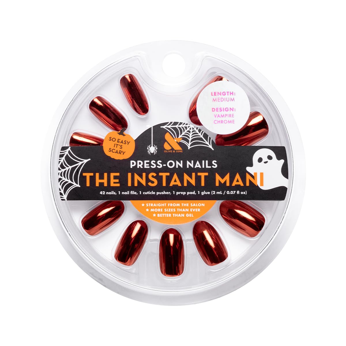 Olive & June Instant Mani Press-On Nails | Glue | Medium Oval | 42 Pieces, 21 Sizes | Non-Toxic, Long-Lasting Recycled Materials Realistic Look | Salon-Quality at Home | Halloween Vampire Chrome