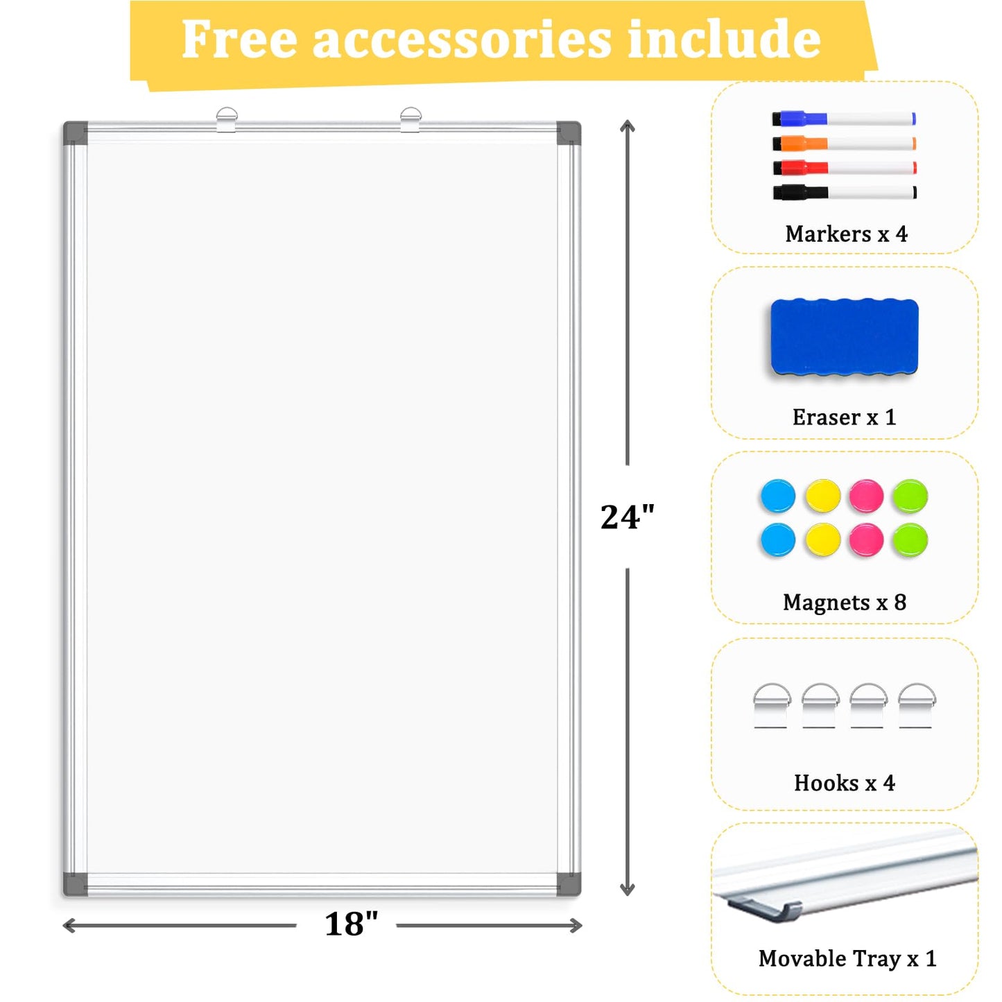 AMUSIGHT Double-Sided Magnetic Whiteboard, 24" x 18" Dry Erase Board Aluminum Frame for Wall, White Board Marker Board for Kitchen, Memo, School, Home, Office