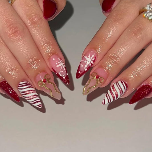 Christmas Press on Nails Medium Artificial Almond Acrylic False Nails French Red Tip Glitter Fake Nail Snowflake with Bow Xmas Stick on Nail Full Cover Reusable Coffin Artificial Fingernails for Women