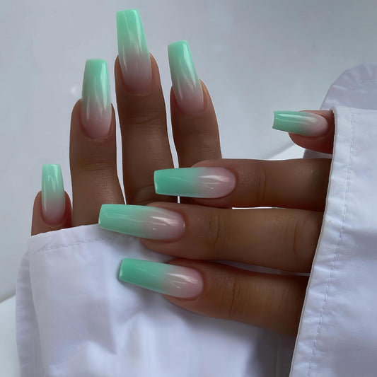 MISUD Press on Nails - Long Square Fake Nails with Summer Green, Acrylic Ombre Gradient Design 24 pcs