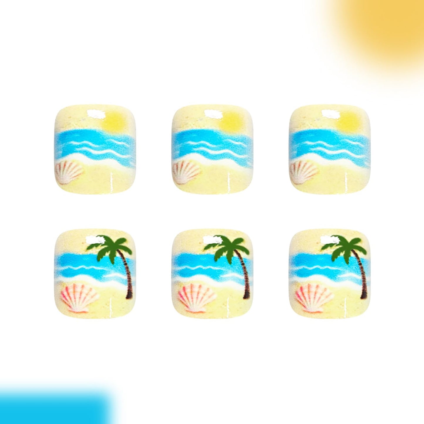 Summer Beach Press on Toenails,Short Square Fake Toenails with Coconut Trees Shells Designs Colorful Glitter Toe Nail Press Ons Full Cover Acrylic Glossy Stick on Toe Nails for Women 24Pcs