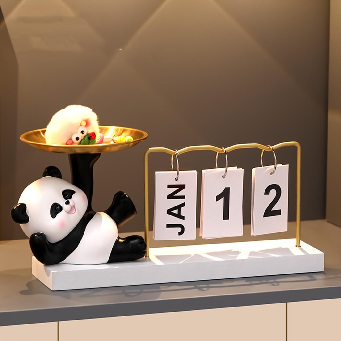Cute Panda Metal Flip Calendar with Wooden Base,Daily Perpetual Desk Calendar with Organizer Tray,Reusable Modern Desktop Calendar for Home Office Desk Decor