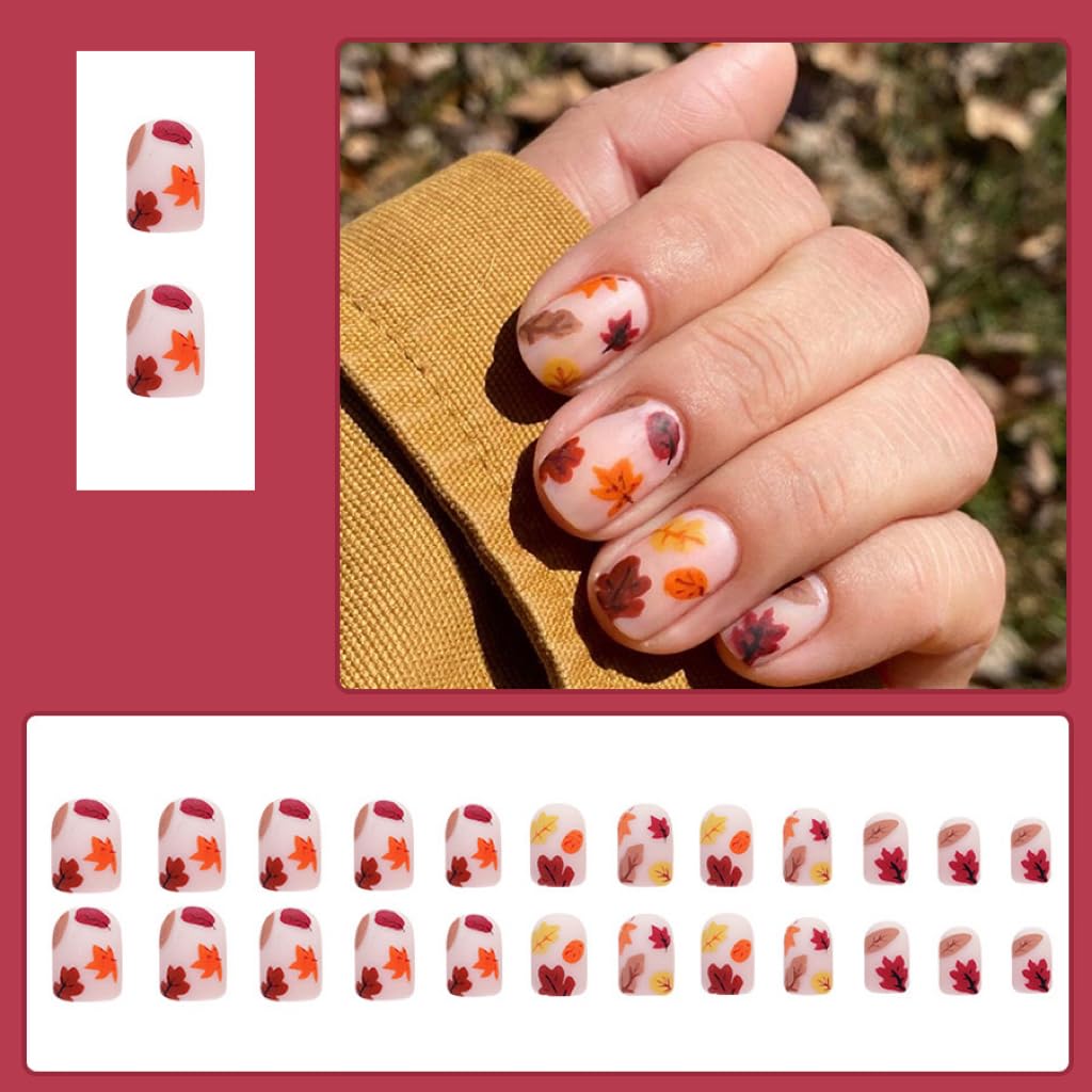 Fall Press on Nails Short - Square Fake Nails with Maple Leaf Design - Thanksgiving Day False Nails, Matte Stick on -for Women 24 Pcs