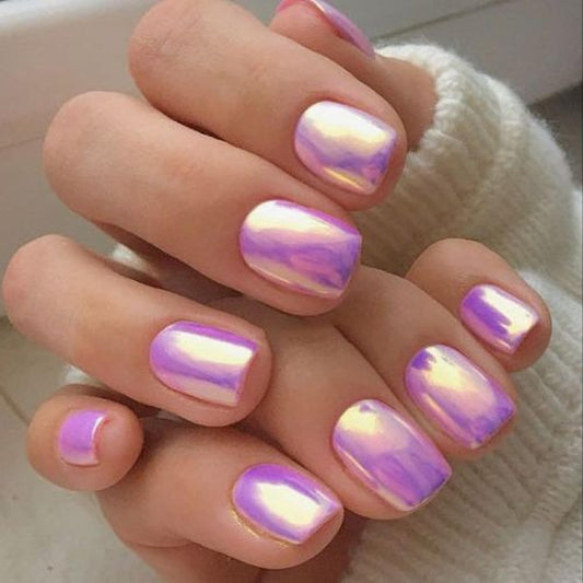 IMSOHOT Pink Laser Press on Nails Short Square Fake Nails Glossy Aurora Full Cover Cute Squoval Acrylic False Nails Chrome Suqoval Stick on Nails for Women Girls 24Pcs