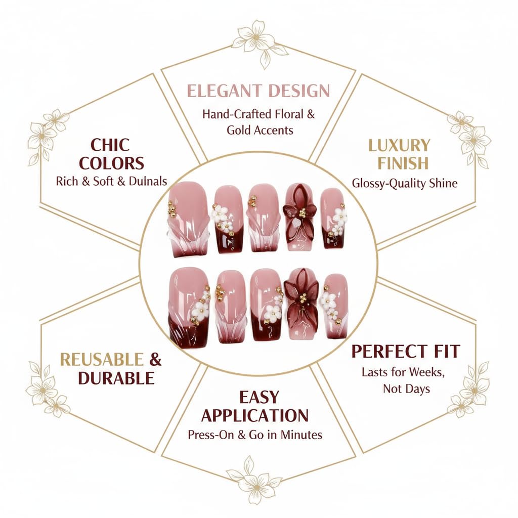 Handmade Press on Nails Medium Square Fake Nails Red French Tip with 3D Flower Designs luxury Pearl Charm Glossy Cute Acrylic Nails for Women 10pcs (Size M）