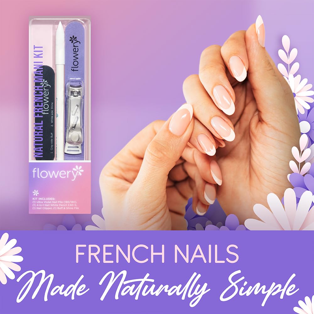 Flowery Natural French Manicure Kit – with Nail Clipper, File, Buff & Shine Block, White Pencil – DIY Home Nail Care Kit for Women and Men