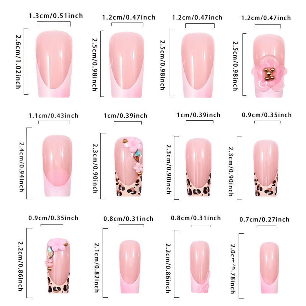 24Pcs 3D French Tip Press on Nails Long Square Flower Fake Nails with Rhinestones Design Pink False Nails Leopard Coffin Tip Stick on Nail Spring Summer Acrylic Nail Floral Glue on Nails for Women