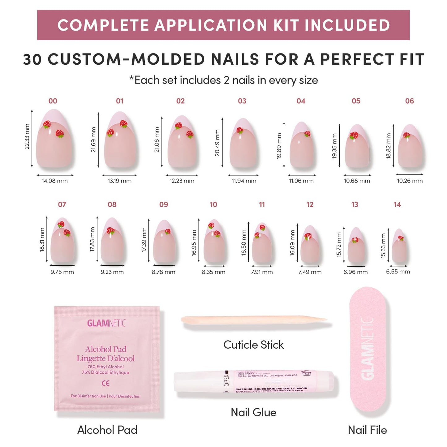 Glamnetic Press On Nails - Short Almond Fake Nails, Glossy Pink Nails with Strawberry French Tip, Strawberry Bits | 15 Sizes - 30 Nail Kit with Glue | Gift for Mom