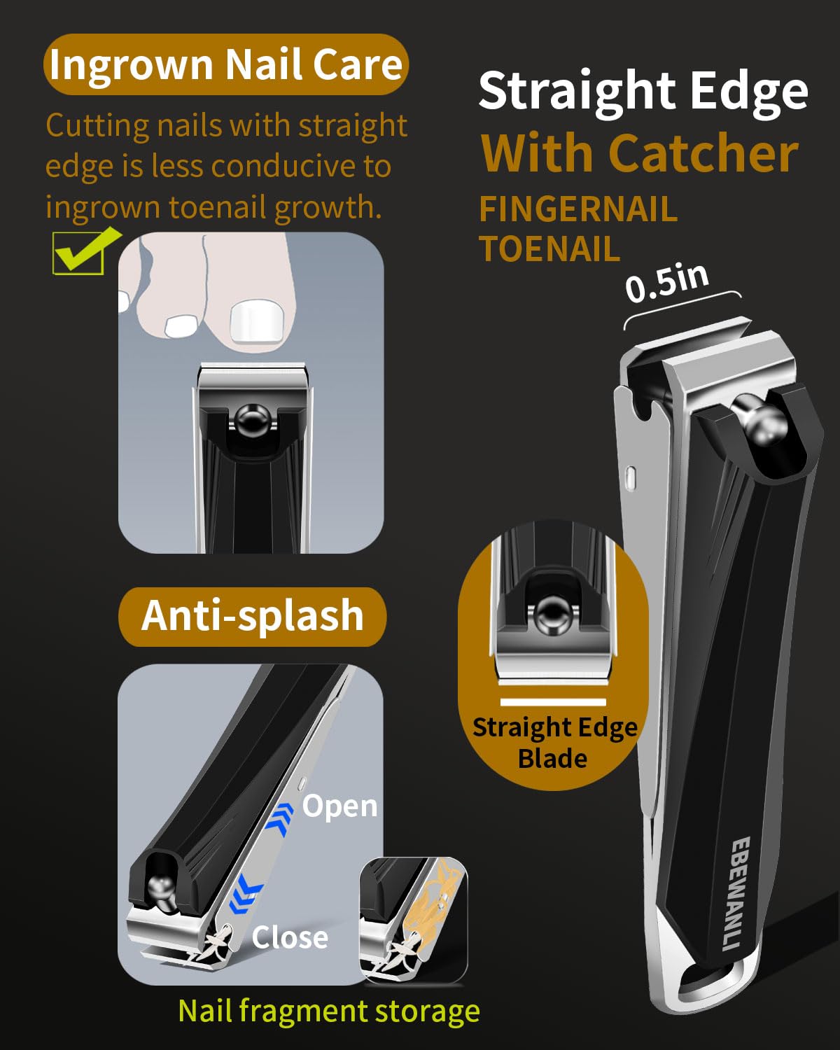 EBEWANLI Ingrown Toenail Tool, 6 PCS Stainless Steel Pedicure Tool, Straight Edge and Curved Slanted Nail Clippers Cutters for Ingrown Toenail Correction Removal Kit at Home for Seniors, Men, Women
