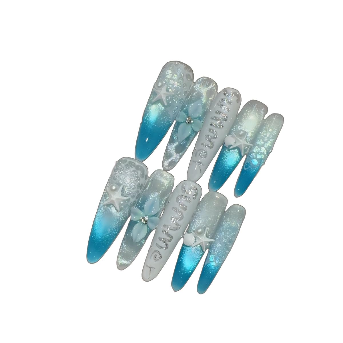Summer Ocean Themed Press On Nails, Starfish & Floral Embellished Extra Long Stiletto Fake Nails, Reusable Manicure Set (L)