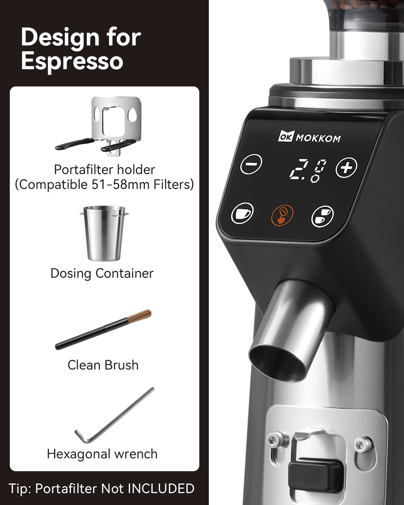 MOKKOM Professional 64mm Plated Flat Burr Coffee Grinder with 100 Grind Settings, All-Metal Stainless Steel Body, Coffee Bean Grinder with Adjustable Electronic Timer, Anti-Static, LED Display