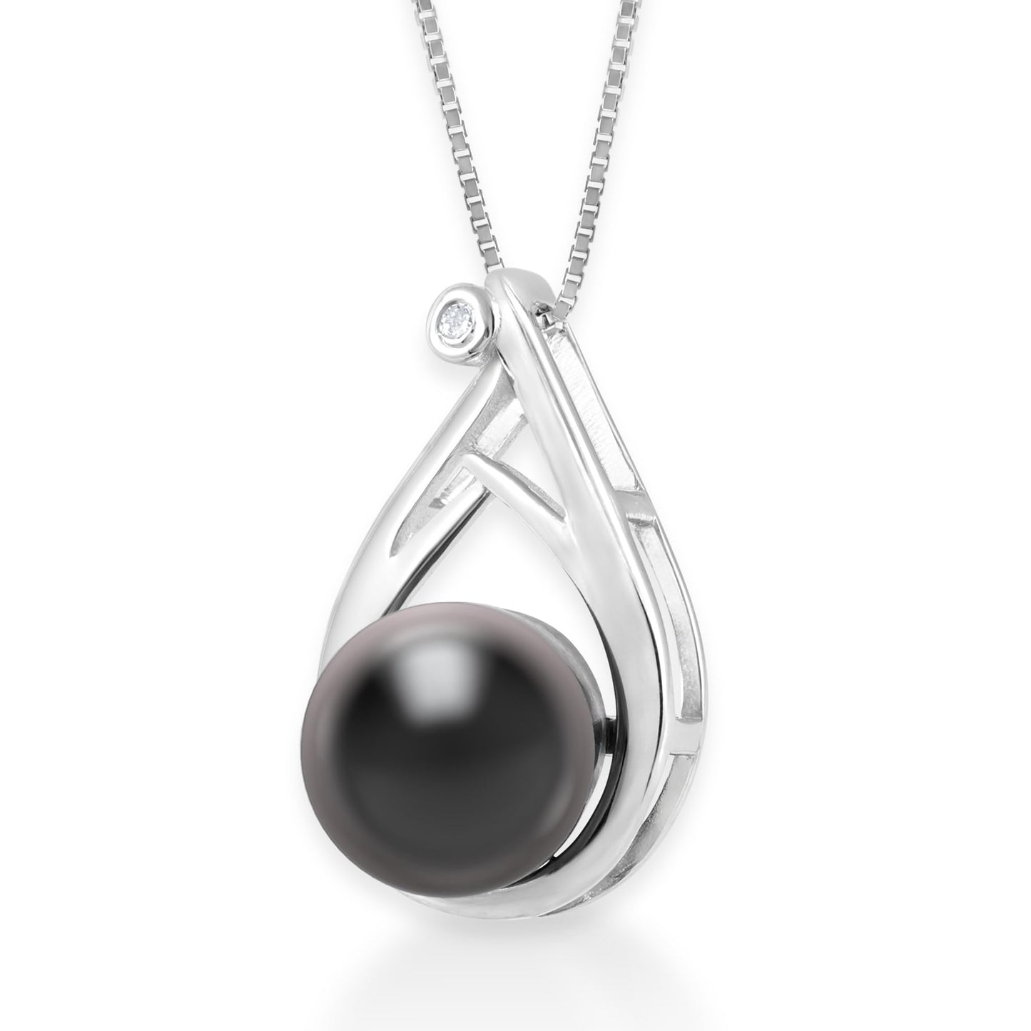 Belacqua Tahitian Black Pearl Diamond Pendant and Drop Dangle Earring Set in Sterling Silver, 18"