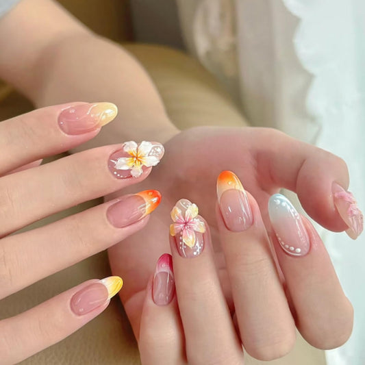 French Tip Press on Nails Medium Almond SWEKKE 3D Flower Fake Nails False Nails with Plumeria Designs Hawaii Glossy Glue on Nails Summer Stick on Nails for Women Girls 24Pcs