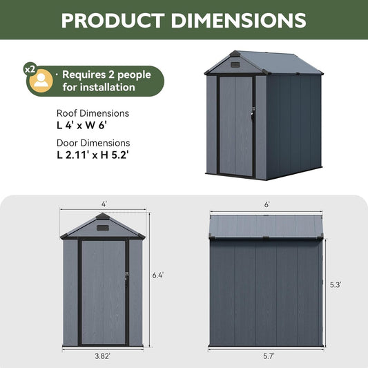 Aoxun 4×6 FT All-Weather Resin Storage Shed, Outdoor Plastic Tool Shed with Reinforced Floor, Lockable Door, Window & Vent for Garden Patio Backyard, Stores Bike, Garbage Can & Yard Gear, Dark Gray