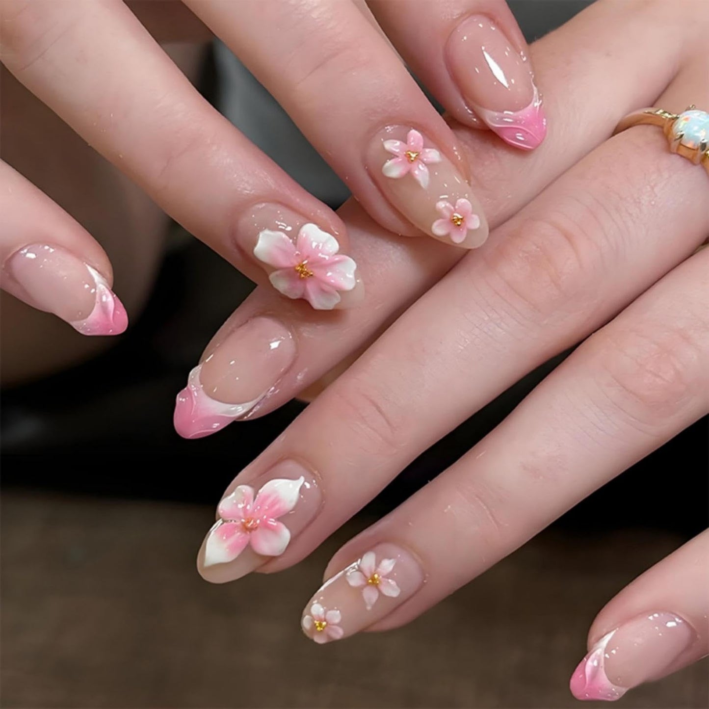 Almond Press on Nails Short Fake Nails with 5D Flower Charm Design Glossy Pink White French Tips Acrylic Nail Ombre Nail Press ons Reusable Cute Spring Summer False Nail for Women Manicure 30Pcs