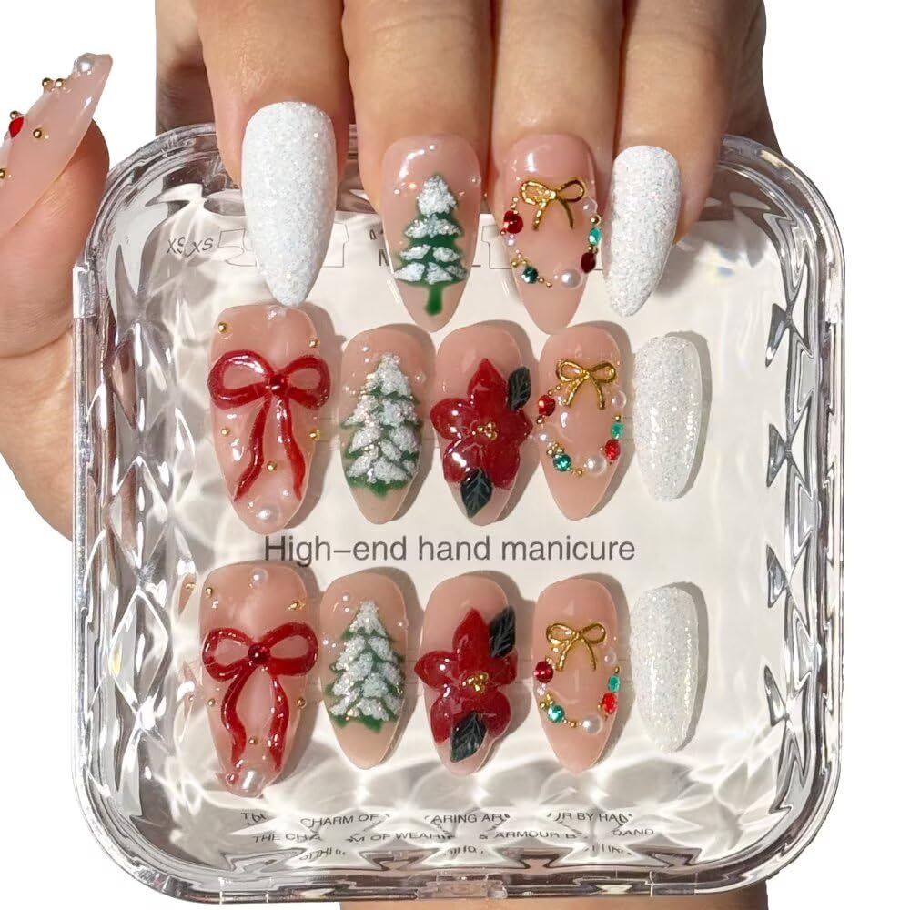 Christmas Press On Nails - MAGLFELL Handmade Almond Fake Nails, 3D Painting Floral and Trees, Bow and Gemstone Design, Reusable Artificial False Nails for Women 15 Sizes - 30Pcs Stick On Nails Kit