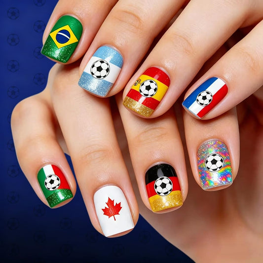 World Cup Soccer Press on Nails 4th of July, Short Square Fake Nails Glitter Acrylic False Nails with Soccer Ball Multi National Flags Designs Full Cover Glue on Nail for Women 24Pcs