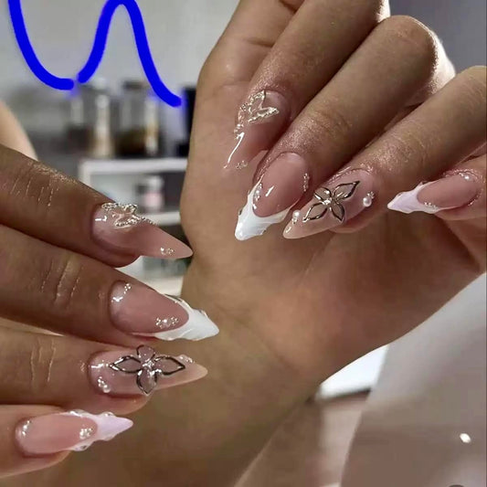 CTTHNBD Press on Nails Almond - French Tip Fake Nails with Silver Butterfly Design - Spring, Medium False Nails Press ons - for Women 24Pcs