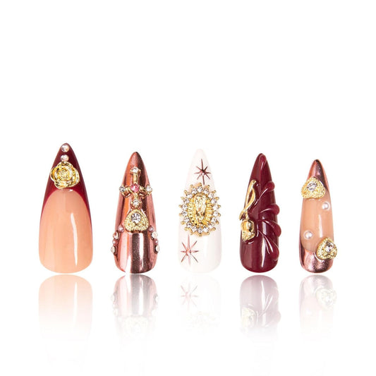 LOVFUL Press on Nails | Handmade with Full Covered Crystals | Reusable Fake Nails | Stiletto Classic Regular 1.3 in| (Royal Crimson, S)