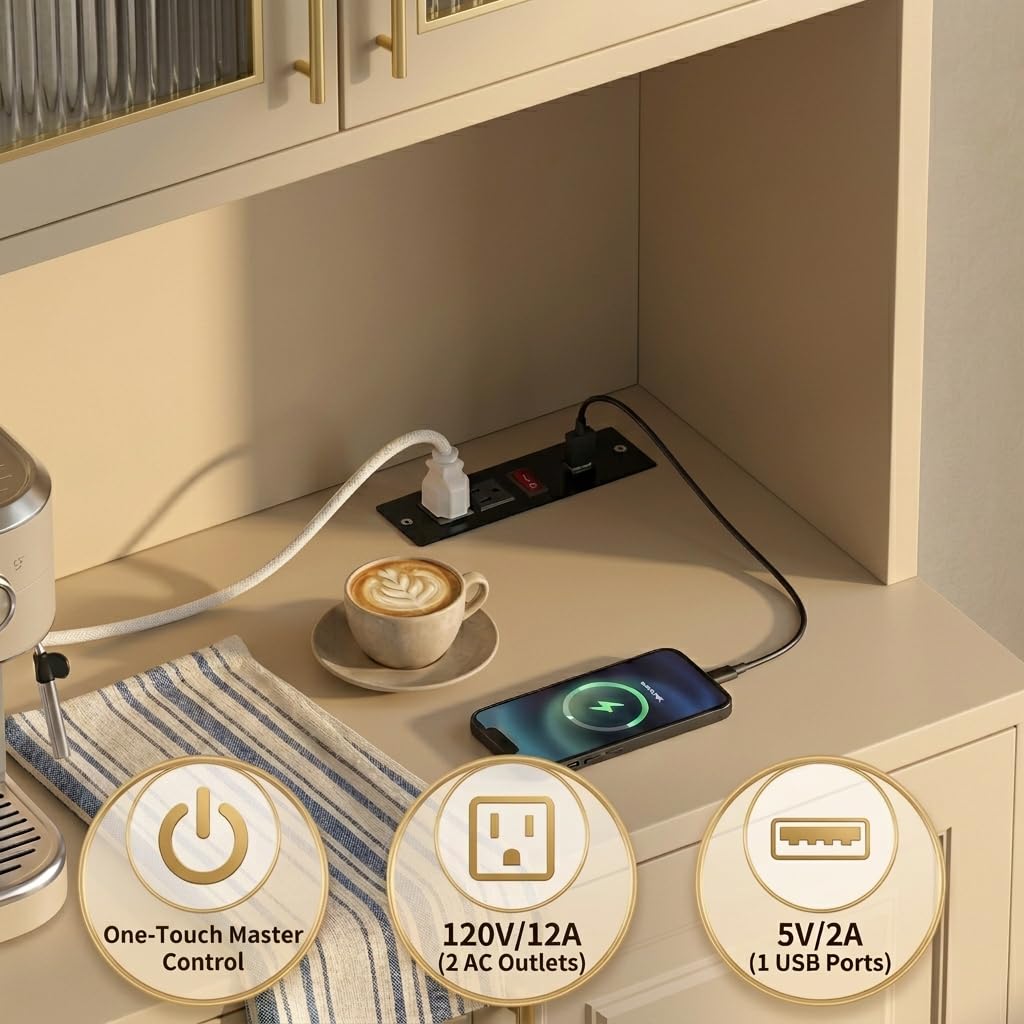 AUN Pantry Cabinet with Charging Station - 68" Multi-Scene Storage Cabinet for Kitchen, Coffee Bar, Dining Room | Adjustable Shelves & Soft-Close Doors,Beige