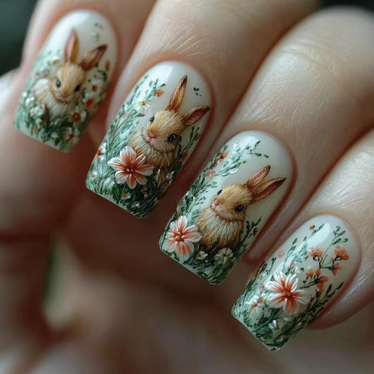 Easter Embossed Press on Nails Medium Square Fake Nails 3D Cute rabbit False Nails Forest Theme Rabbit Acrylic Stick on for Women Girls Easter Manicure Decoration 24Pcs