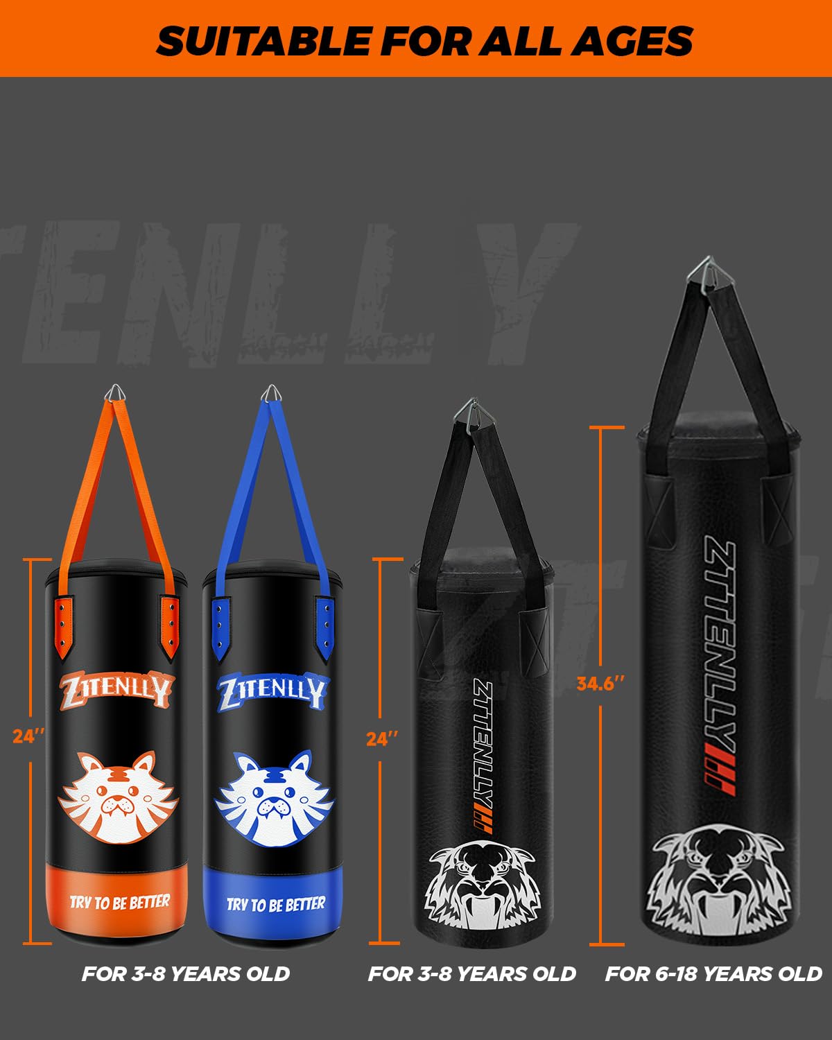 ZTTENLLY Kids Punching Bag with Gloves - PU Leather & Adjustable Height Strap - Boxing Bag Set for 3-8-14 Years Kids/Youth Great for Boxing, MMA, Kickboxing(Unfilled)
