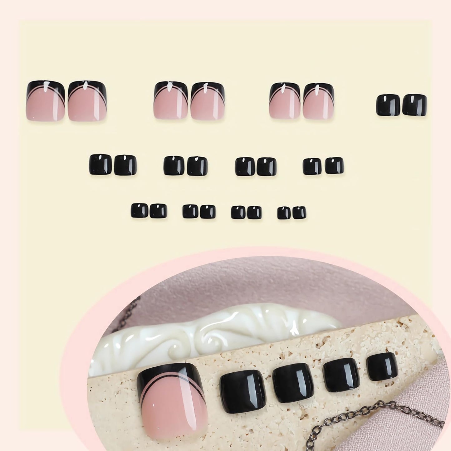 BABALAL Press on Toenails French Tips Toe Nail Press ons Fake Toe Nails Black False Toenails Full Cover Acrylic Glue on Toenails with Designs Toe Press on Nails Stick on Toenails for Women Manicure