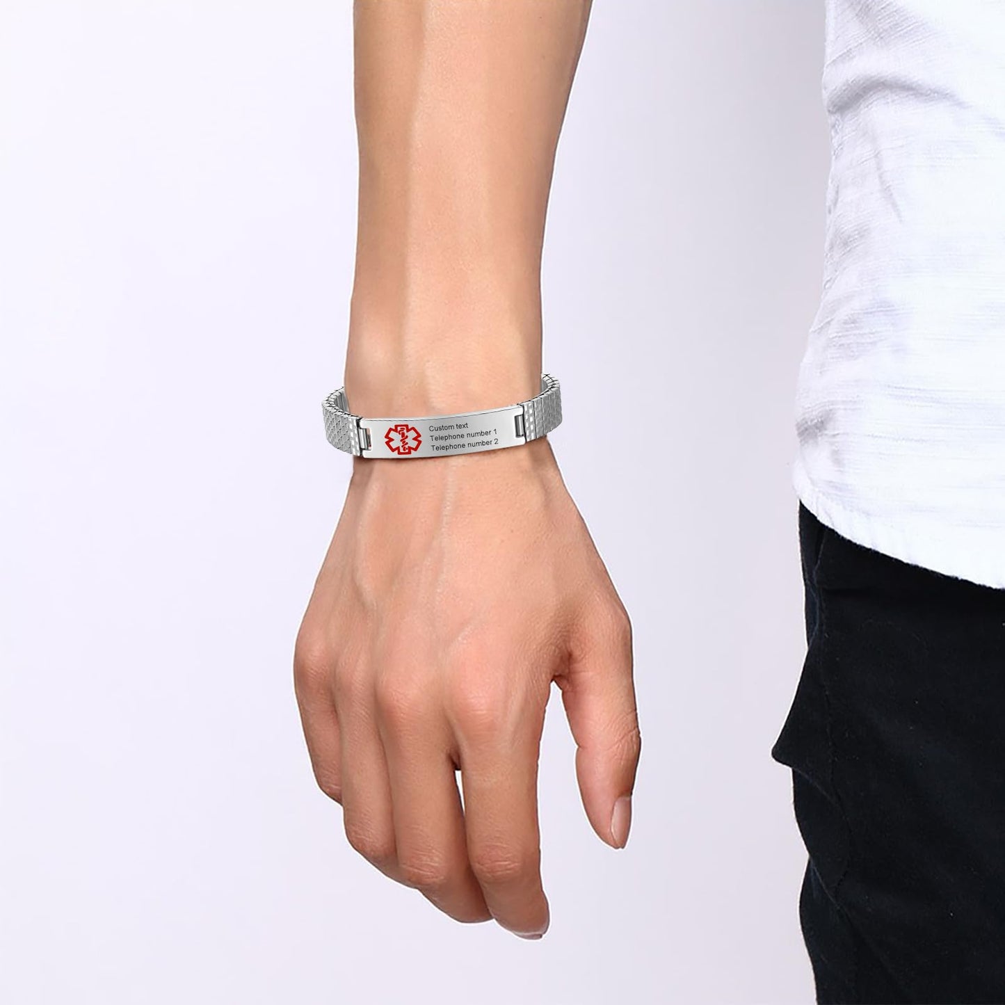 Personalized Medical ID Bracelets for Men - Custom Emergency Alert Bracelet for Women Engraved Medic Info Elastic Stainless Steel Bracelets for Family Autism Allergy Diabetic Epilepsy (Silver, 21.5cm)