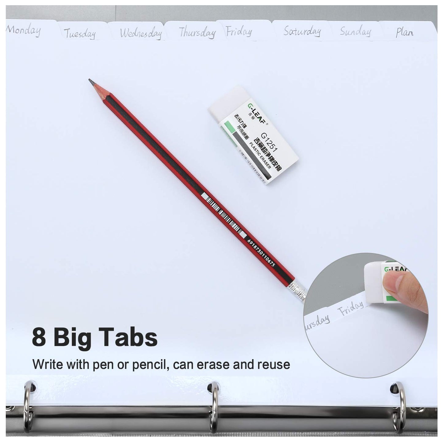 8-Tab Binder Dividers, HERKKA 3 Ring Binder Dividers with Reinforced Edge, 3 Hole Punch Section Index Dividers for Binders, 1/8-Cut Tabs, Letter Size, White, 120 Dividers
