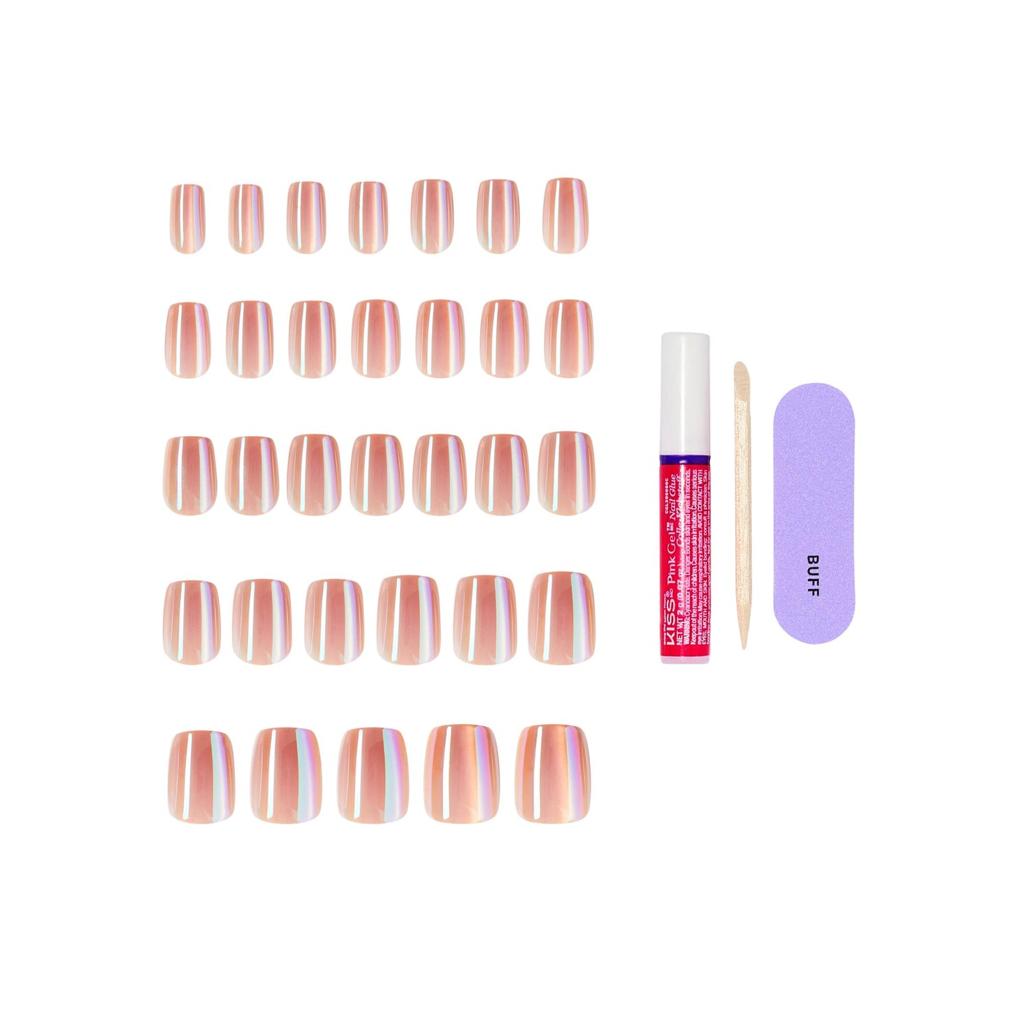 Kiss Glam, Press On Nails, Nail glue included, 'Golden Hour Affairs', Pink, Short Size, Squoval Shape, Includes 32 Nails, 2g Glue, 1 Manicure Stick, 1 Mini File