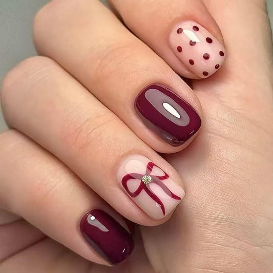 Square Press on Nails Short Dark Red Glossy Fake Nails with Bow Spot Design Full Cover Winter Stick on False Nails for Women 24 Pcs