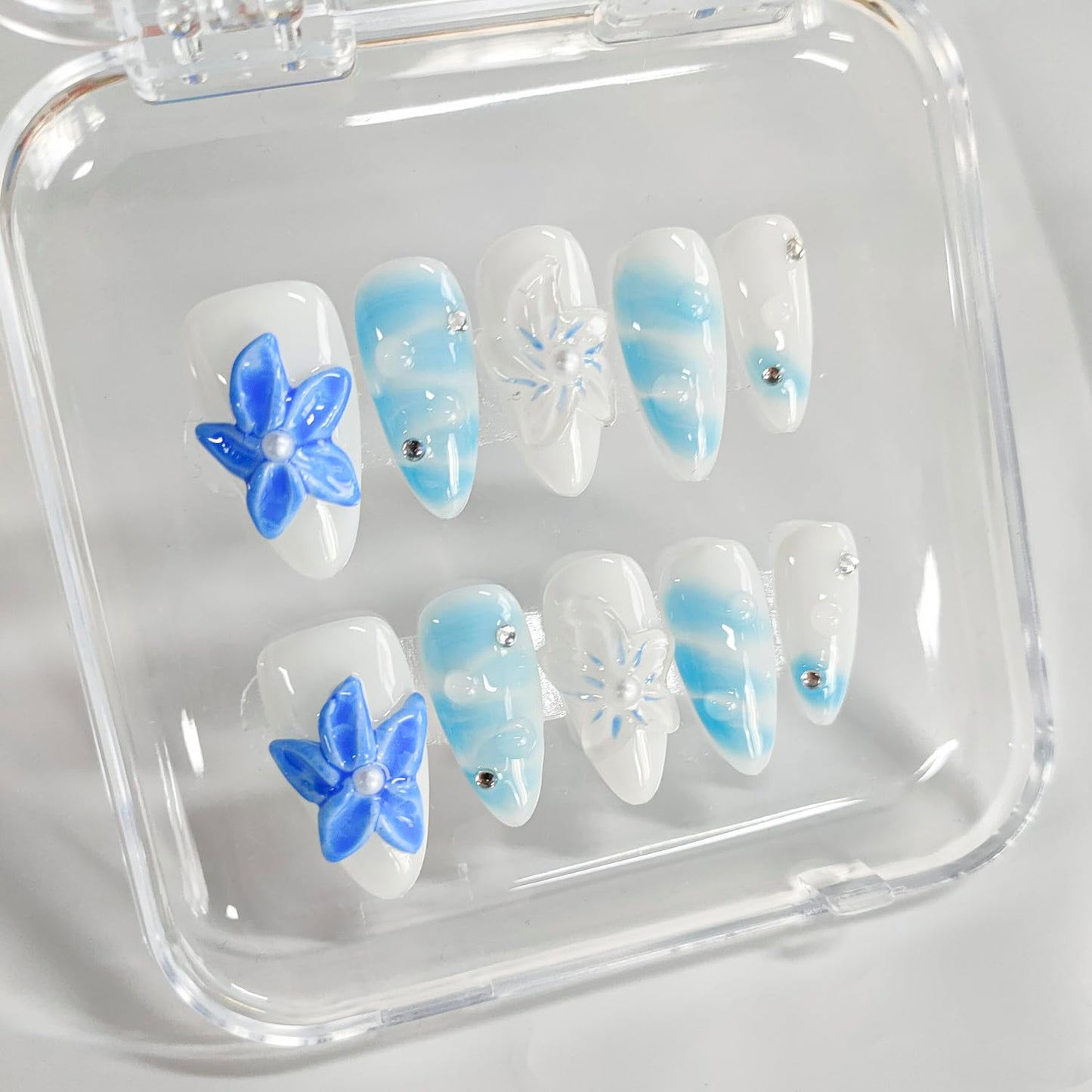 Handmade Nails Almond Press on Nails Medium Length 3D Floral Thick Acrylic Fake Nails Blue&White False Nails with Rhinestones Pearls Designs Summer Nail Art Press on Nails 10Pcs(M)