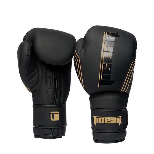 Tigear Surge Pro Boxing Gloves for Men Women & Kids | Engineered Leather Muay Thai Gloves, MMA Gear, Kickboxing Heavy Bag Training and Sparring | Black/Gold (14oz)