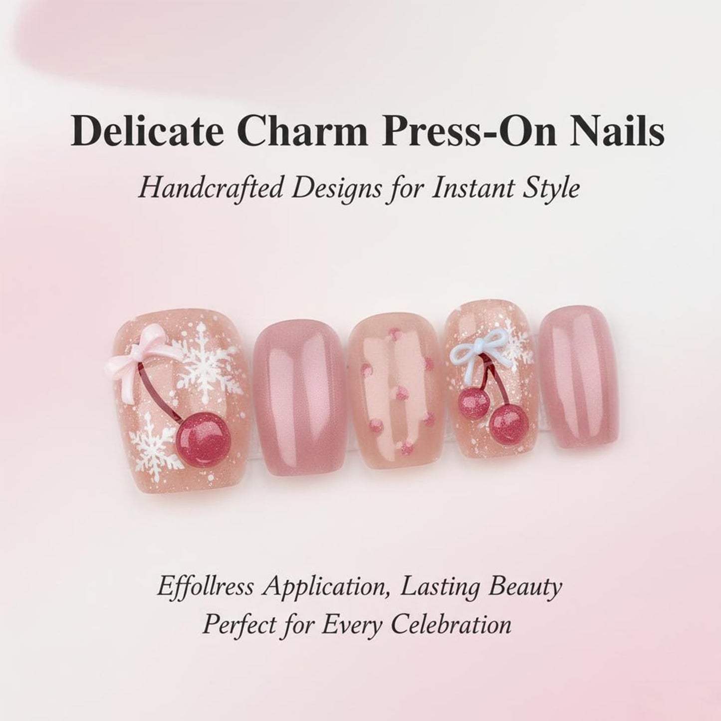 3D Bow & Cherry Press On Nails, Nude Pink Short Square Fake Nails with Snowflake Design, Glossy Cute On Nails for Women, 30PCS Set (The sizing runs small)