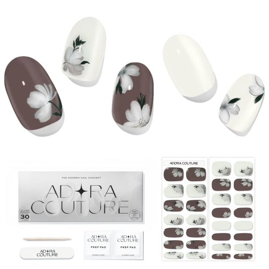 Adora Couture Semi Cured Gel Nail Strips with 30 Pieces - Salon Quality Manicure Kit for Women Easy Application Wraps Includes Prep Pads Nail File Wooden Stick, UV Light Required (Ivory Magnolia)